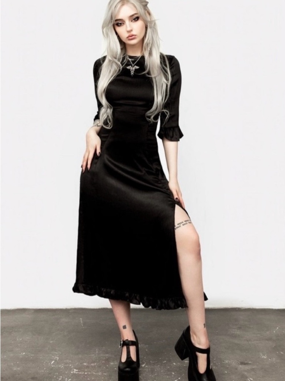 Disturbia Black Long Sleeve Midi Dress with Ruffle Hem - Picture 2 of 3